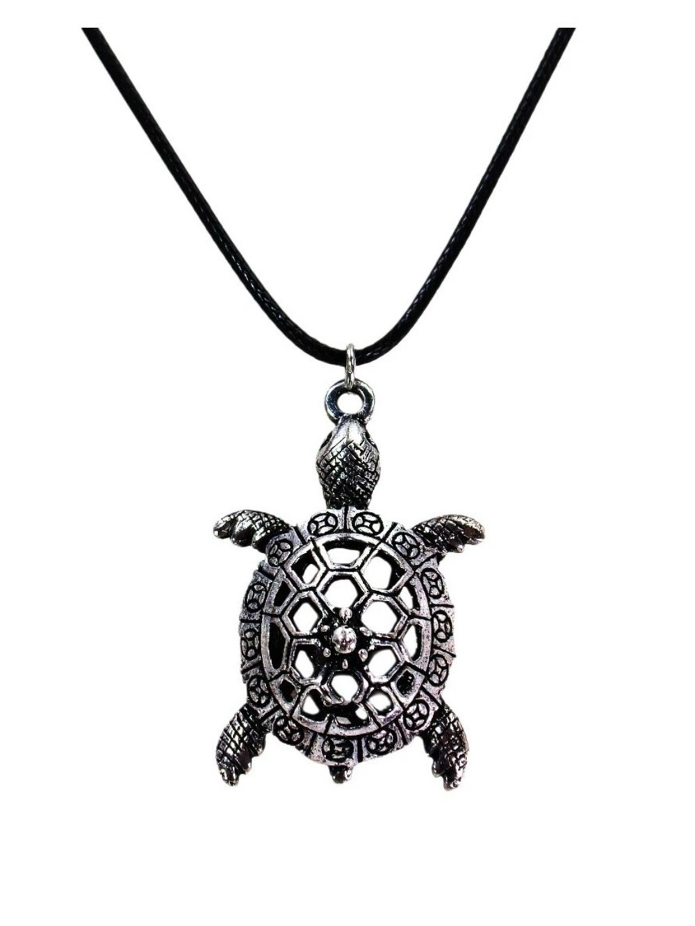 Turtle pendant necklace in silver texture finish on black cord 1.38" x .95"  NEW